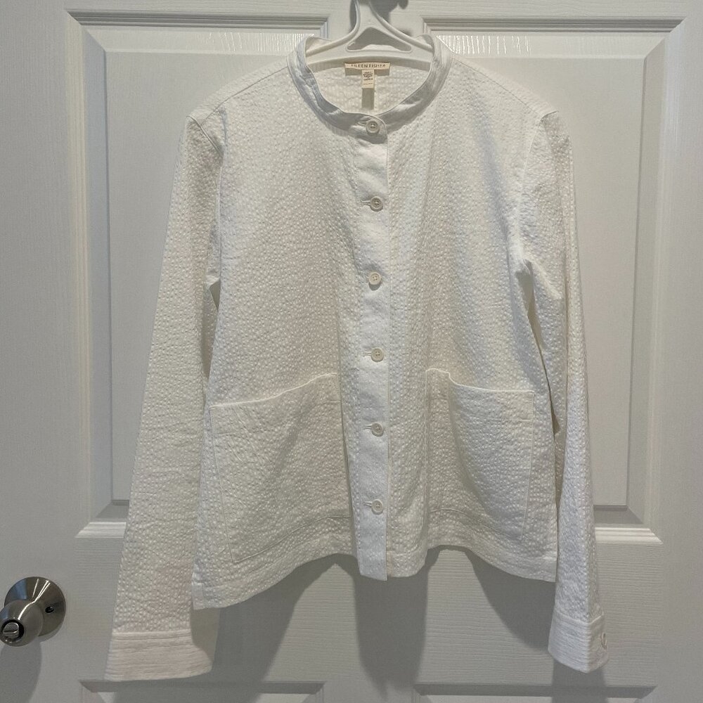 Eileen Fisher Organic Cotton Pucker Mandarin Collar Jacket White XXS